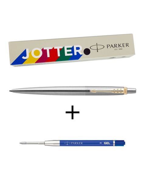 Parker Jotter Ballpoint Pen + Free Parker Blue Gel Refill - Stainless Steel (Gold Trim)