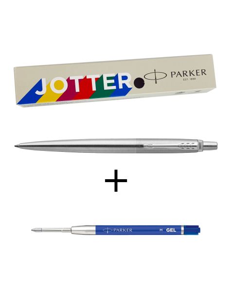 Parker Jotter Ballpoint Pen + Free Parker Blue Gel Refill - Stainless Steel (Chrome Trim)