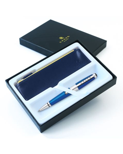CROSS Edge Nitro Blue Gel Ink Rollerball Pen with Chrome Plated Appointments - Luxury Gift Box & Accessory Pen Case
