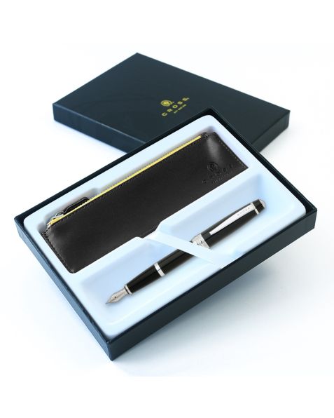Cross Bailey Fountain Pen - Black Lacquer - Medium Nib - Luxury Gift Box & Accessory Pen Case