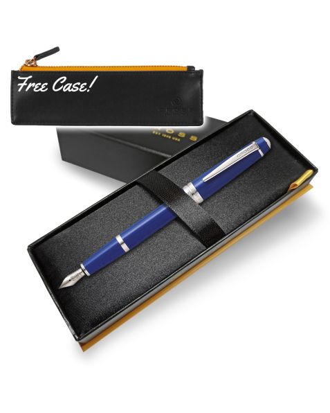 Cross Bailey Light Fountain Pen - Medium Nib - Blue-Medium (M) Nib (Stainless Steel) + FREE CASE