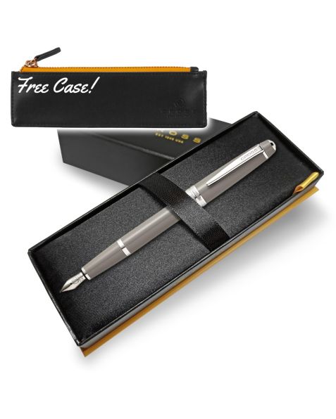 Cross Bailey Light Fountain Pen - Medium Nib - Grey-Medium (M) Nib (Stainless Steel) + FREE CASE