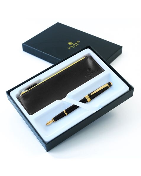 Cross Bailey Light Fountain Pen - Black with Gold Trim - Luxury Gift Box & Accessory Pen Case
