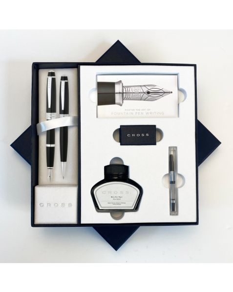 Cross Pen Set Fountain Pen & Ballpoint pen w/ bottled ink - Black Lacquer Bailey - Medium Nib - RRP £137