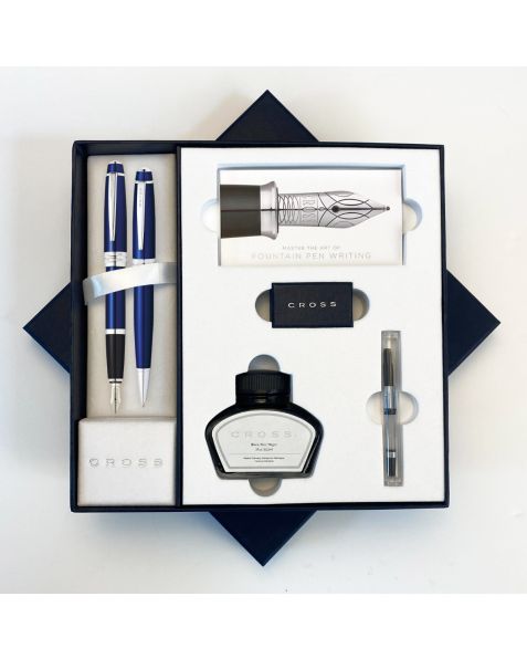 Cross Pen Set Fountain Pen & Ballpoint pen w/ bottled ink - Blue Lacquer Bailey - Medium Nib - RRP £127
