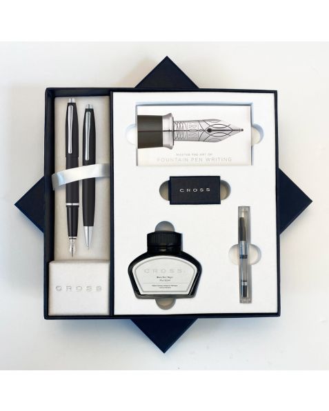 Cross Pen Set Fountain Pen & Ballpoint pen w/ bottled ink - Matte Black Calais - Medium Nib - RRP £120