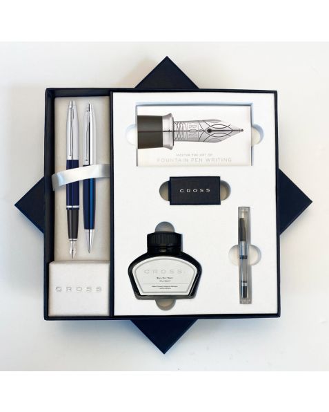 Cross Pen Set Fountain Pen & Ballpoint pen w/ bottled ink - Chrome Blue Lacquer Calais - Medium Nib - RRP £120