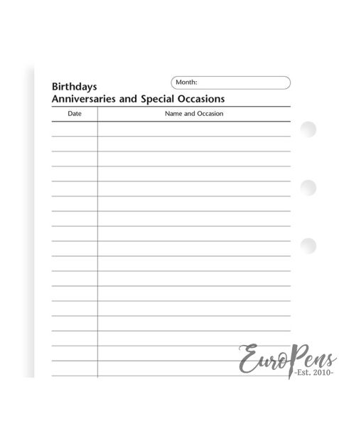 Filofax Personal Birthdays, Anniversaries And Special Occasions 