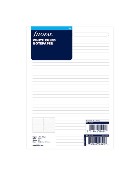 Filofax A5 White Ruled Notepaper