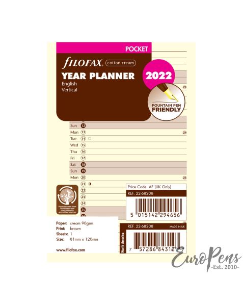 Filofax Pocket Cotton Cream Vertical Year Planner - 2022 