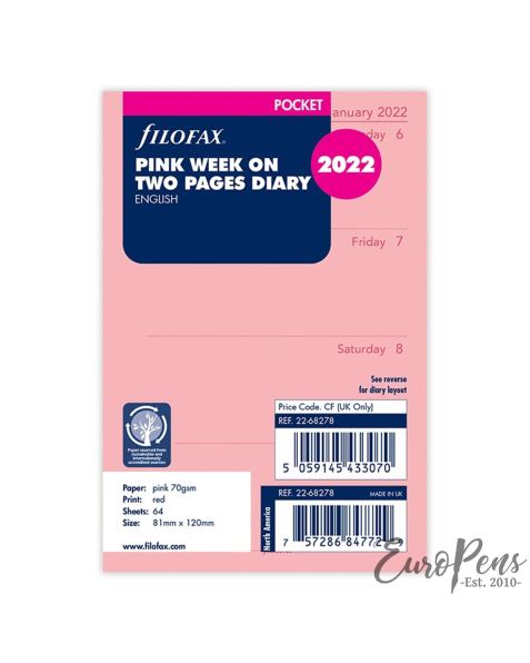 Filofax Pocket Pink Week On Two Pages Diary - 2022 