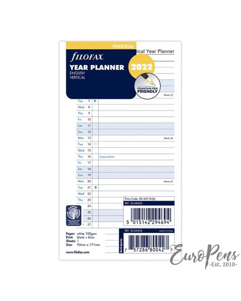 Filofax Personal Vertical Year Planner - 2022 