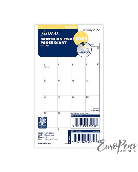Filofax Personal Month On Two Pages English Block Format Not Tabbed - 2022 