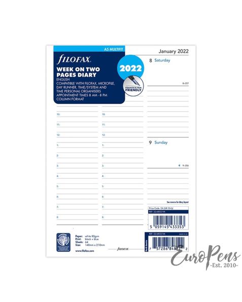 Filofax A5 Week On Two Pages English Column Format Multi-Fit - 2022 