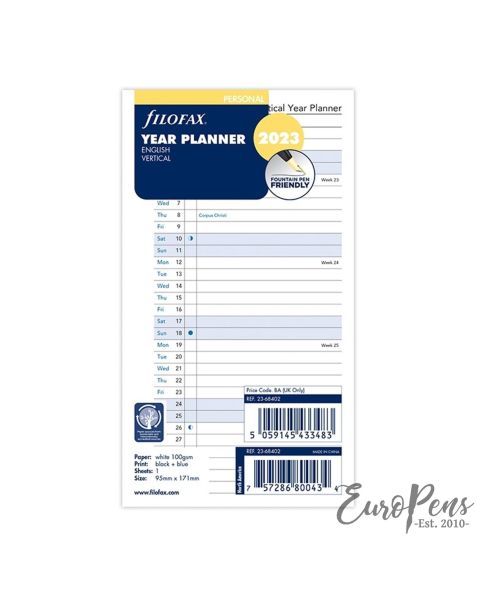 Filofax Personal Vertical Year Planner - 2023 