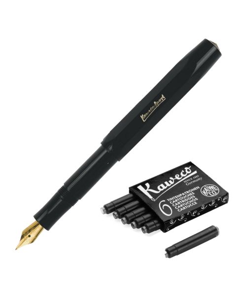 Kaweco Classic Sport Fountain Pen - Black - Medium (Gold-Plated Nib) with Black Ink Cartridges