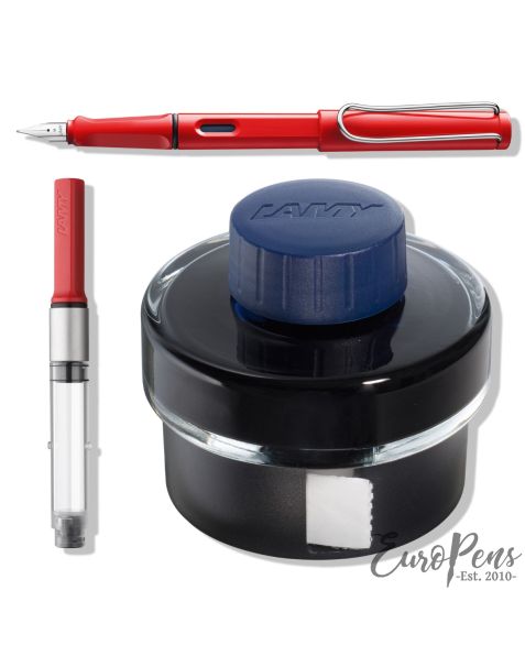 LAMY safari Fountain Pen - Red (016) & T52 Ink (Blue) & Z28 Ink Converter - Bundle