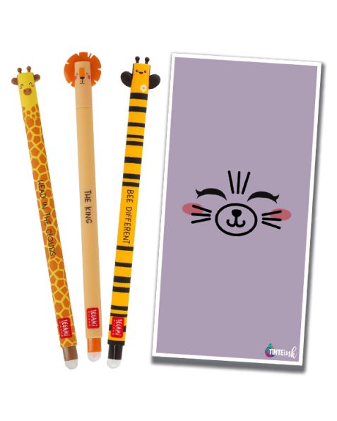 Legami Erasable Gel Pen - 0.7mm -  Giraffe, Lion & Bee with Purple Tinte Ink Envelope