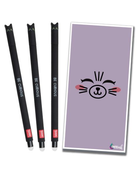 Legami Erasable Gel Pen - 0.7mm -  x3 Cats with Single Purple Tinte Ink Envelope