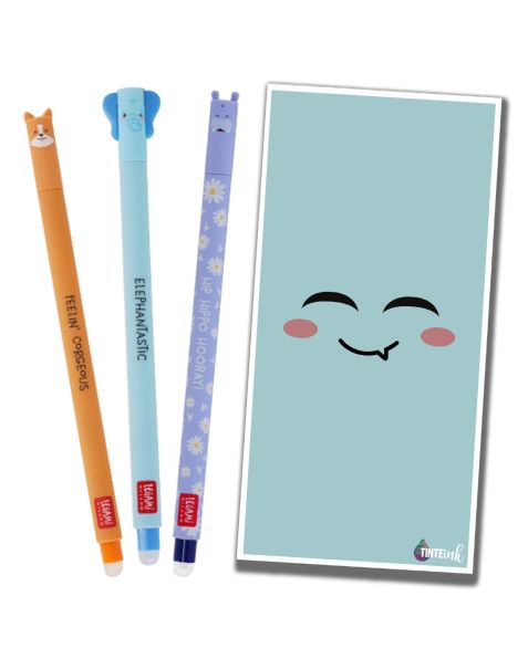 Legami Erasable Gel Pen - 0.7mm -  Corgi, Elephant & Hippo with Purple Tinte Ink Envelope