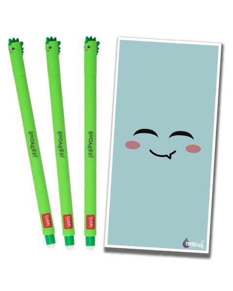 Legami Erasable Gel Pen - 0.7mm -  x3 Dinosaurs with Single Blue Tinte Ink Envelope