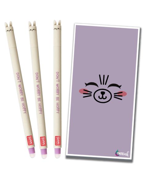 Legami Erasable Gel Pen - 0.7mm -  x3 Bunnys with Single Purple Tinte Ink Envelope