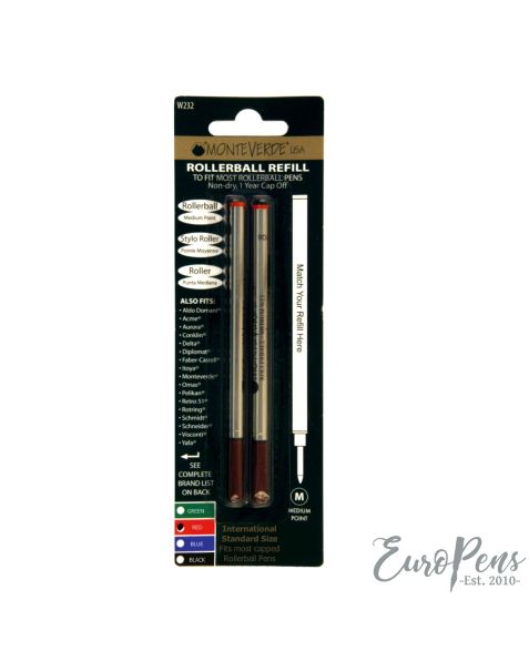 Monteverde Capped Rollerball Refill - Twin Pack - Compatible With Most Rollerball Pens - Medium - Red