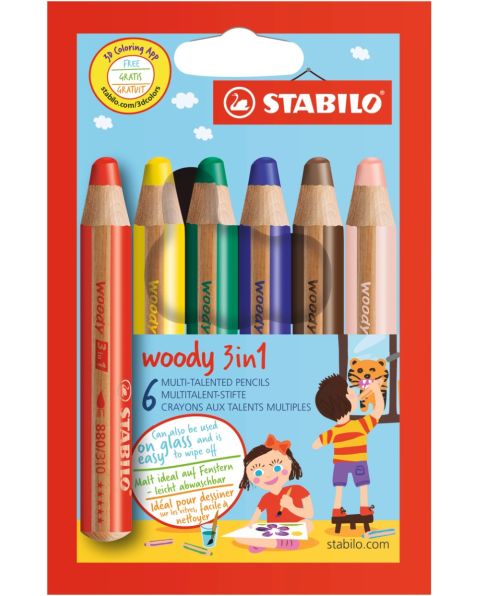 Multi-Talented Pencil - STABILO woody 3 in 1 - Pack of 6 - Assorted Colours