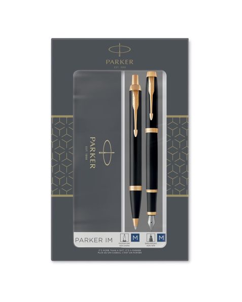 Parker IM Fountain Pen & Balloint Pen Set - Gift Boxed - Black with Gold Trim - Medium Nib 