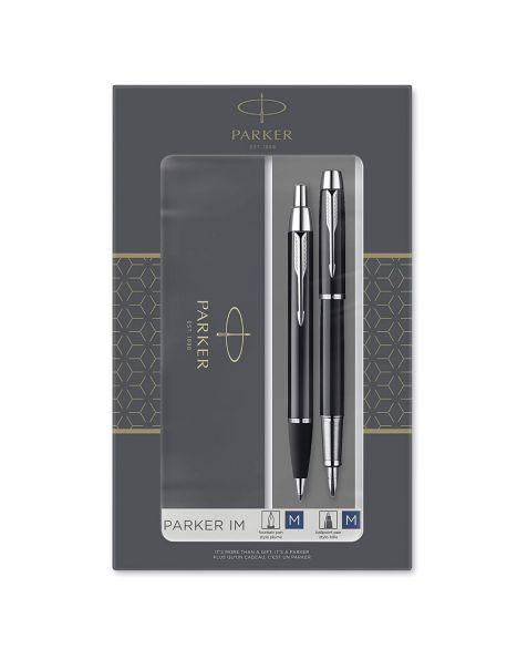 Parker IM Duo Gift Set - Ballpoint Pen & Fountain Pen, Gloss Black with Chrome Trim, Blue Ink Refill & Cartridge, Gift Box (1931651)