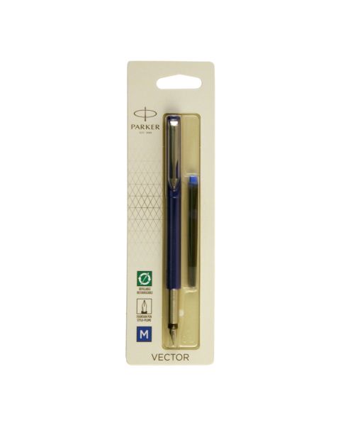 Parker Vector Fountain Pen - Stainless Steel Medium Nib - Blue (Blister)
