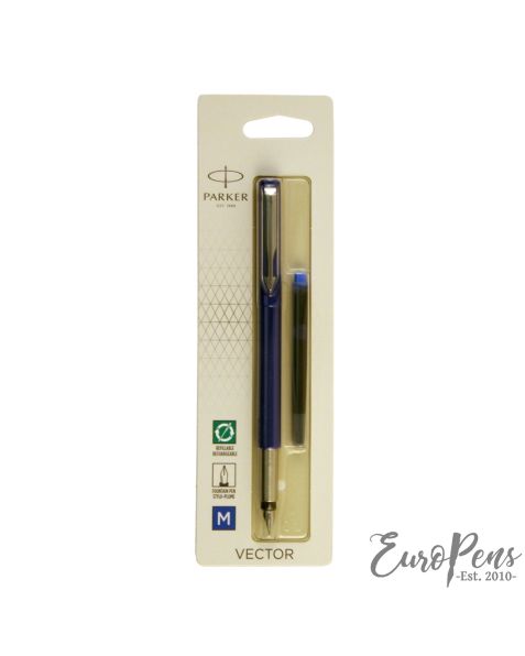 Parker Vector Fountain Pen - Stainless Steel Medium Nib - Blue (Blister)