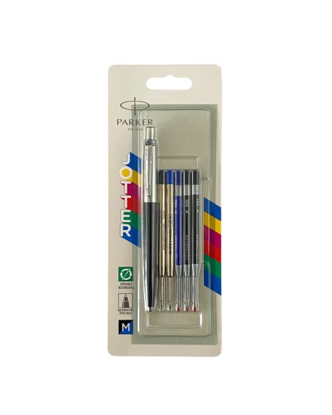Parker Jotter Ballpoint Pen - Black Barrel with Assorted Refills (x2 Ballpoint Refills + Gel Refills Blue & Black Ink) Medium