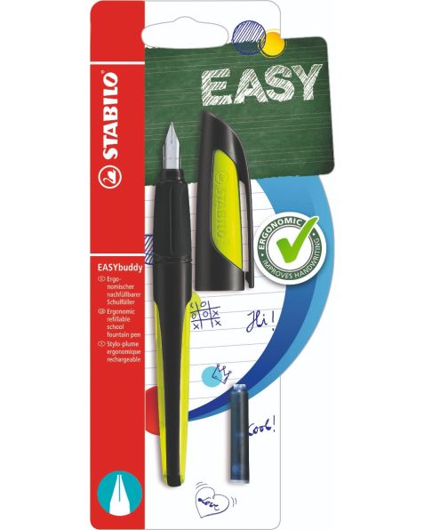 STABILO® EASYbuddy - Ergonomic School Fountain Pen - Black/Lime - Medium Nib