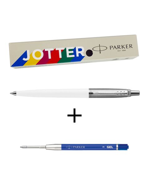 Parker Jotter Ballpoint Pen + Free Parker Blue Gel Refill - Classic White