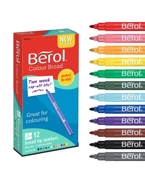 Berol Felt Tip Colouring Pens | Broad Point | Assorted Colours | (Pack of 12 pens)