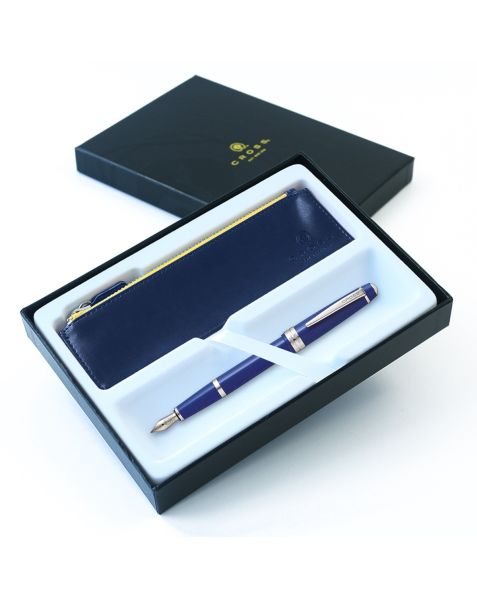 Cross Bailey Light Fountain Pen - Medium Nib - Blue-Medium (M) Nib (Stainless Steel) - Luxury Gift Box & Accessory Pen Case