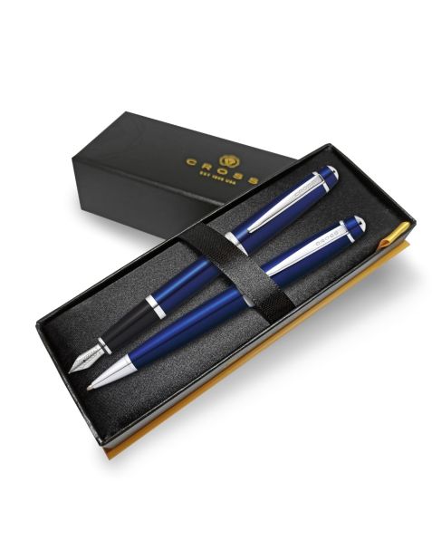 Cross Pen Set Fountain Pen & Ballpoint Pen Bailey - Blue Lacquer - Medium Nib 