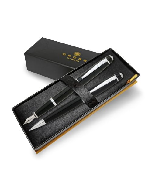 Cross Pen Set Fountain Pen & Ballpoint Pen Bailey - Black Lacquer - Medium Nib 