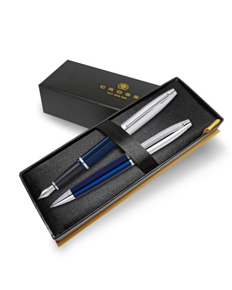 Cross Pen Set Fountain Pen & Ballpoint Pen Calais - Chrome Blue Lacquer - Medium Nib - RRP £110