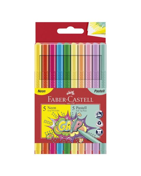Faber-Castell Grip Colour Felt-Tip Pens Neon and Pastel Set (10 Pack)