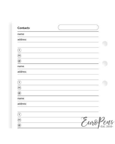 Filofax Personal Name, Address, Email, Telephone, Fax, Mobile