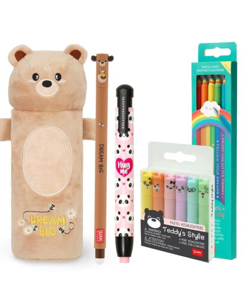 Legami Teddy Bear Super Soft! Pencil Case Set with Assorted Stationery 