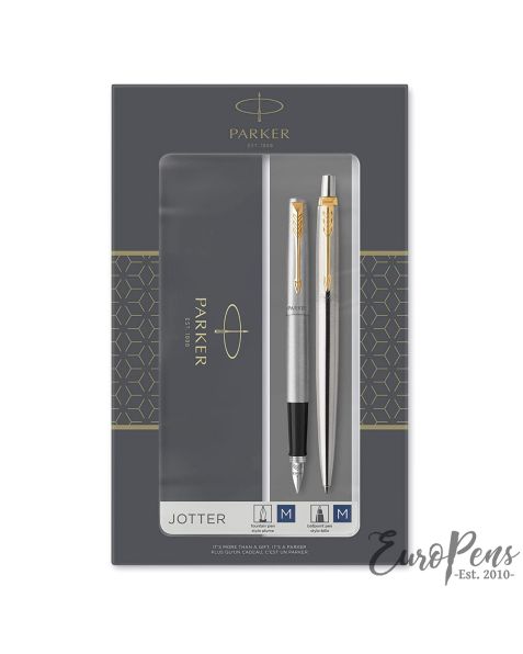PARKER Jotter STEEL Gold Trim Fountain pen & ball pen set  