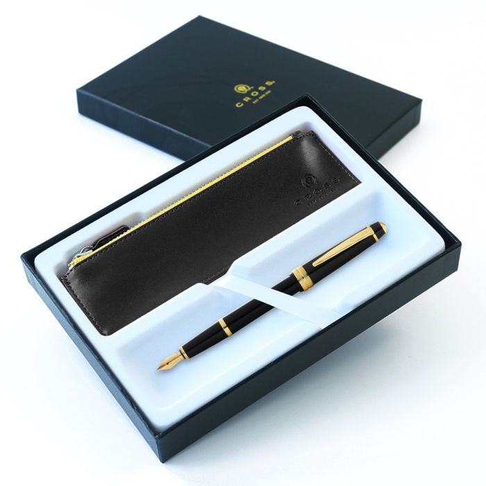 Cross Bailey Light Fountain Pen Black with Gold Trim Luxury Gift Box & Accessory Pen Case